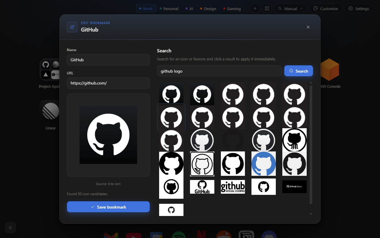 Built-in icon search when editing a bookmark