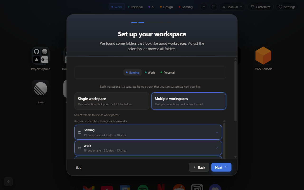 Onboarding wizard suggesting Workspaces