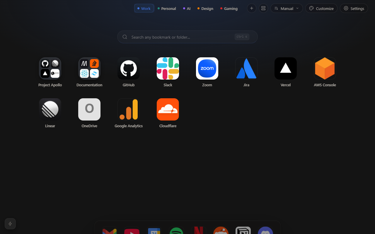 Workspaces — switch between isolated, themed dashboards